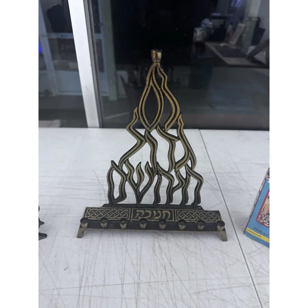 Vintage Israeli Brass Flame Menorah Set Eilat Stone Napkin Holder Candlesticks
